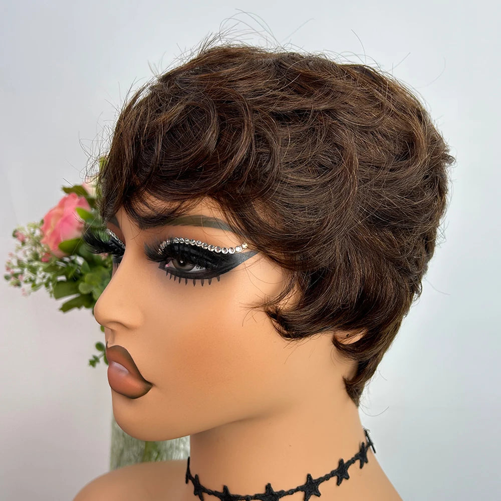Short Virgin Brazilian Human Hair Wig Pixie Cut Straight For Black Women With Bangs Glueless Machine Made by Beauty Bae