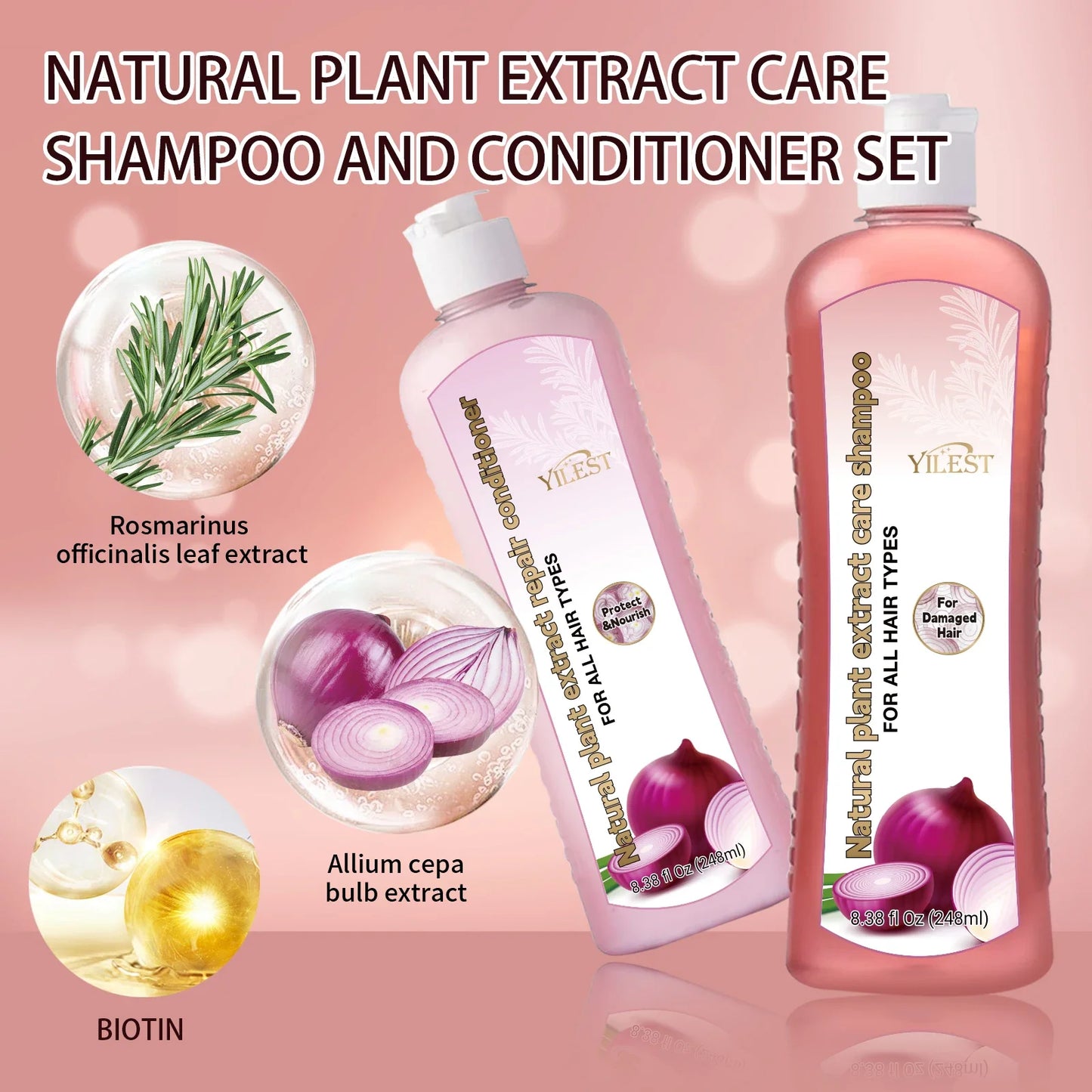 YILEST Natural Plant Shampoo and Conditioner Set 248ml Each for All Hair Types Moisturizes and Strengthens by Beauty Bae