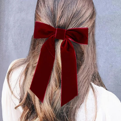 Velvet Bow Hair Barrette for Women and Girls Ponytail Hairpin Red and Black Ribbon Hair Clip Fashion Accessories by Beauty Bae