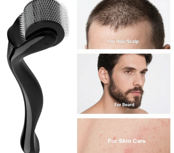 Titanium 540 Beard Roller showing 540 titanium needles with reusable head and compact storage case for beard micro-needling