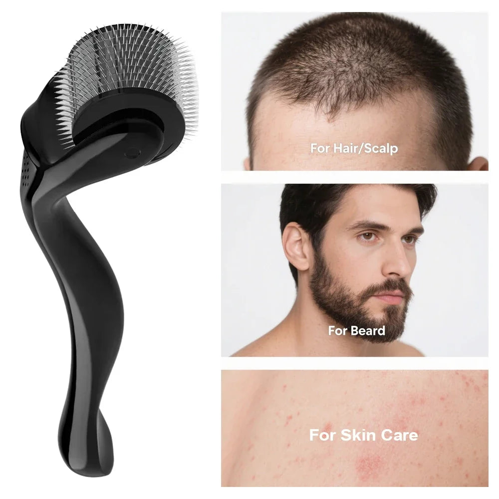 Titanium 540 Beard Roller showing 540 titanium needles with reusable head and compact storage case for beard micro-needling