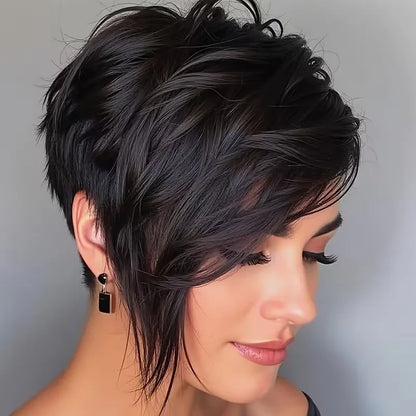 Short Layered Full Machine Made Pixie Wig With Bangs 100 Percent Human Hair Brazilian Remy Daily Wear For Women by Beauty Bae