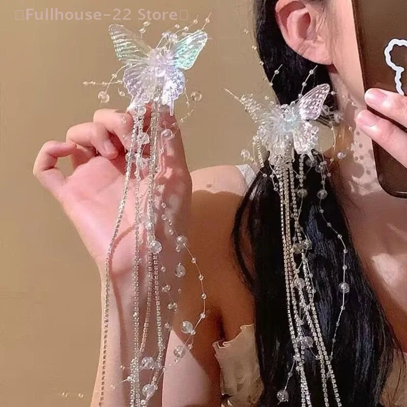 【MAX-22】Long Butterfly Beaded Tassel Hair Clip For Women Fairy Temperament Sweet Princess Hairpin Bride Hair Accessories by Beauty Bae