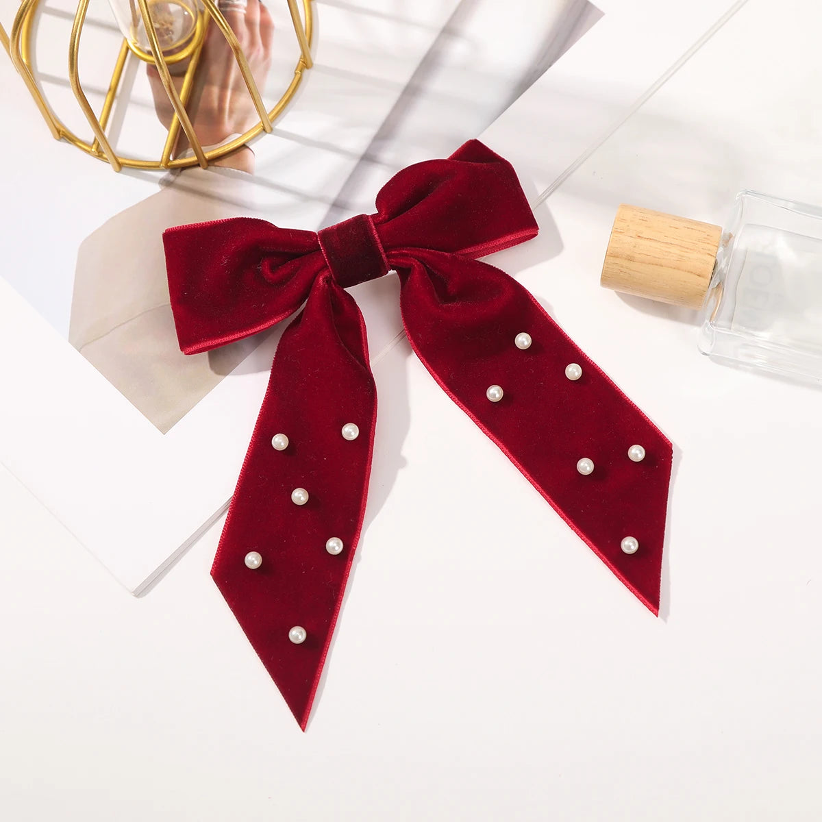 Velvet Bow Hair Barrette for Women and Girls Ponytail Hairpin Red and Black Ribbon Hair Clip Fashion Accessories by Beauty Bae