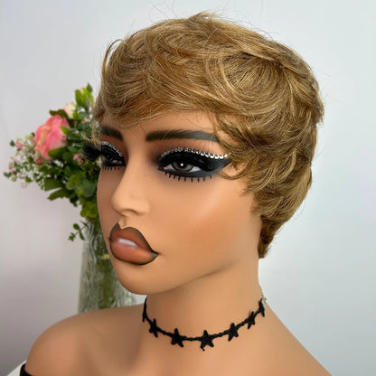Short Virgin Brazilian Human Hair Wig Pixie Cut Straight For Black Women With Bangs Glueless Machine Made by Beauty Bae