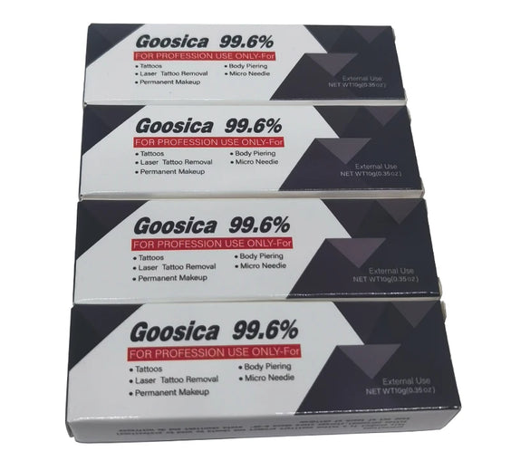 99.6% Goosica Tattoo Cream 10g sealed tube labeled 99.6% concentration for pre-procedure microblading and piercing prep