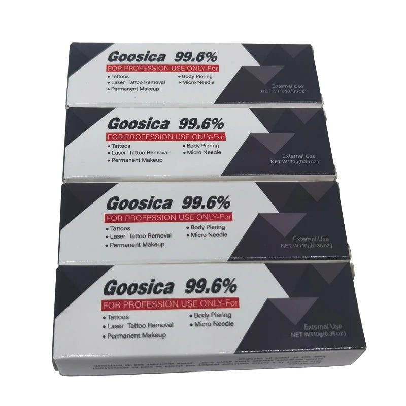 99.6% Goosica Tattoo Cream 10g sealed tube labeled 99.6% concentration for pre-procedure microblading and piercing prep