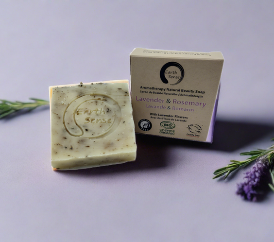 Organic Certified Solid Soap - Lavender & Rosemary with Lavender flowers 90g.