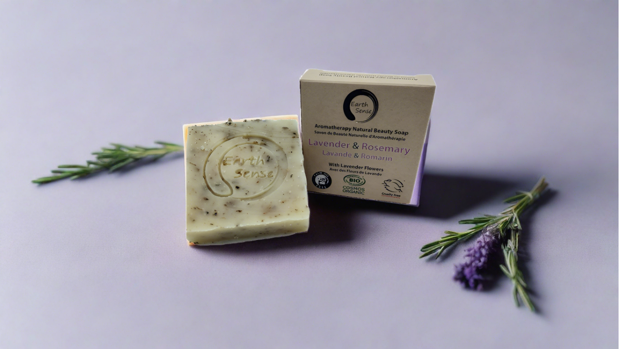 Organic Certified Solid Soap - Lavender & Rosemary with Lavender flowers 90g.