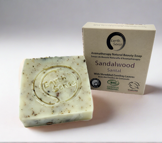 Organic Certified Solid Soap - Sandalwood with Shredded Comfrey Leaves 90g.
