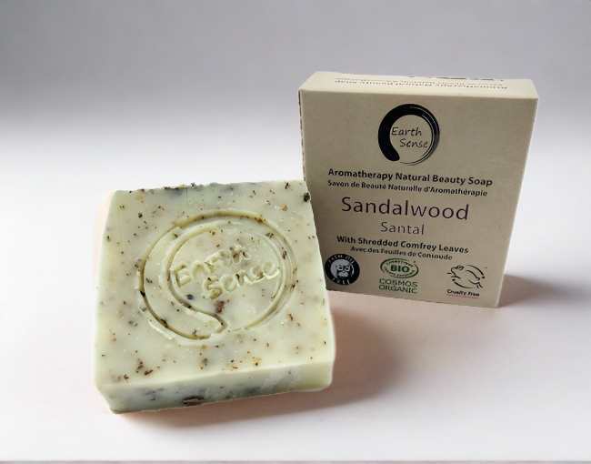 Organic Certified Solid Soap - Sandalwood with Shredded Comfrey Leaves 90g.