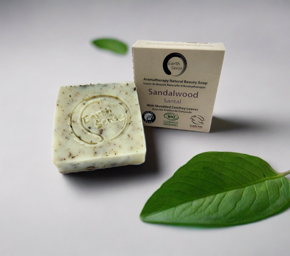 Organic Certified Solid Soap - Sandalwood with Shredded Comfrey Leaves 90g.