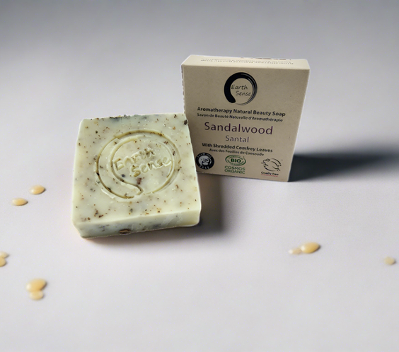 Organic Certified Solid Soap - Sandalwood with Shredded Comfrey Leaves 90g.