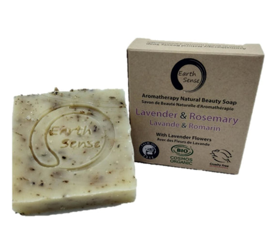 Organic Certified Solid Soap - Lavender & Rosemary with Lavender flowers 90g.