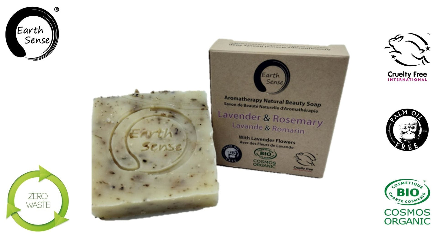 Organic Certified Solid Soap - Lavender & Rosemary with Lavender flowers 90g.